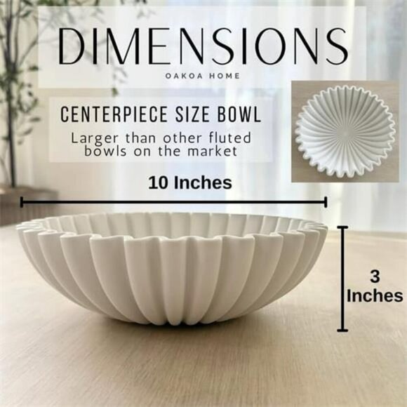 OAKOA White Concrete Decorative Bowl Fluted Scalloped Centerpiece Modern - Picture 4 of 7
